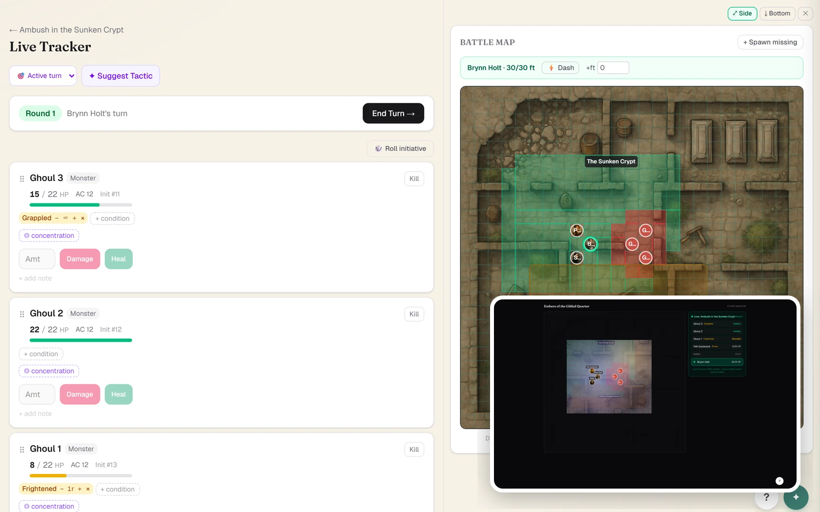 The live encounter tracker showing party and monster HP, conditions, concentration and death saves beside a battle map with token faces and the green/red reachable-movement overlay, plus the fog-of-war player-monitor view.