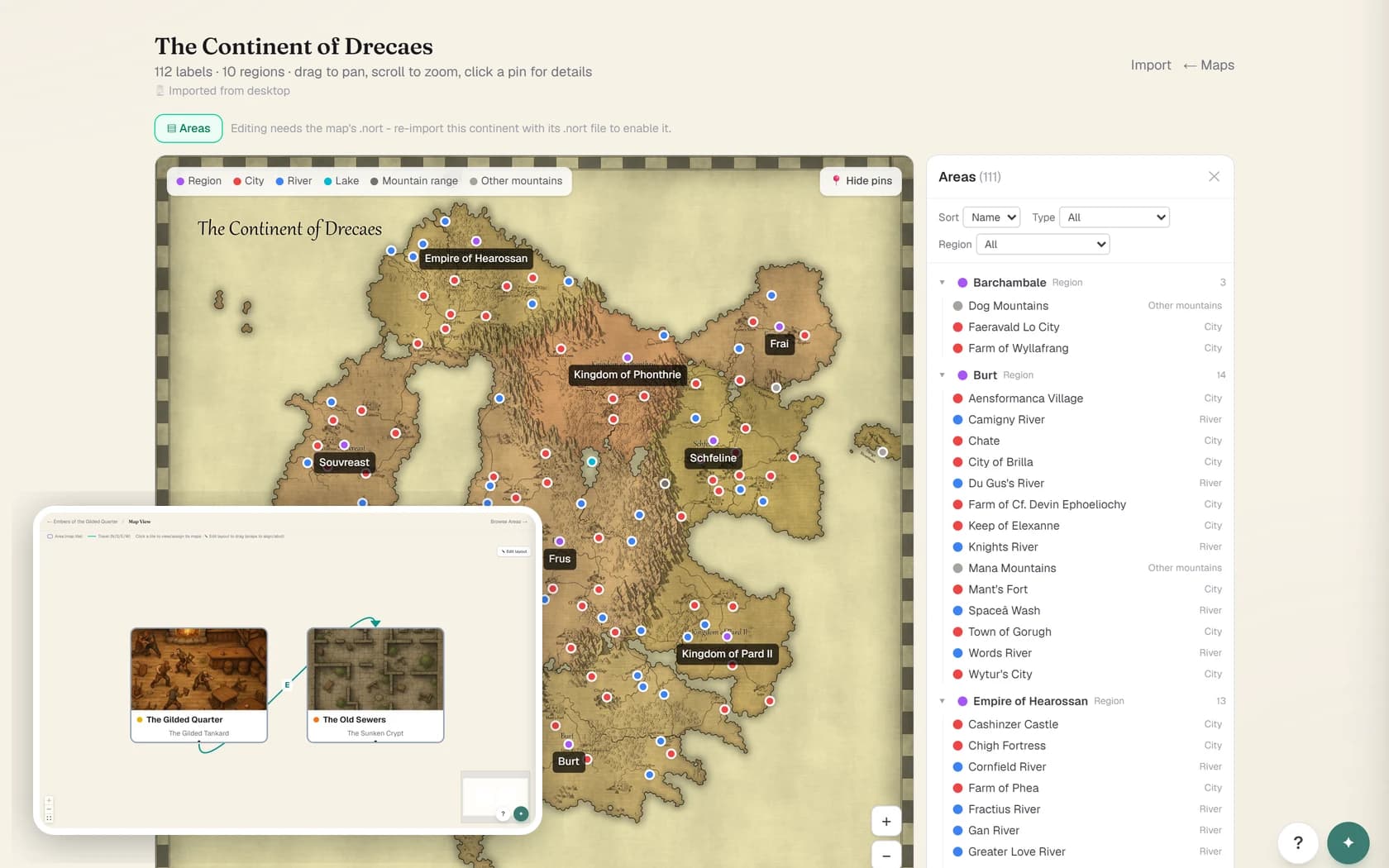 A generated continent map with labelled regions and cities and an areas panel, with an inset module map showing two areas linked by a directional travel route.
