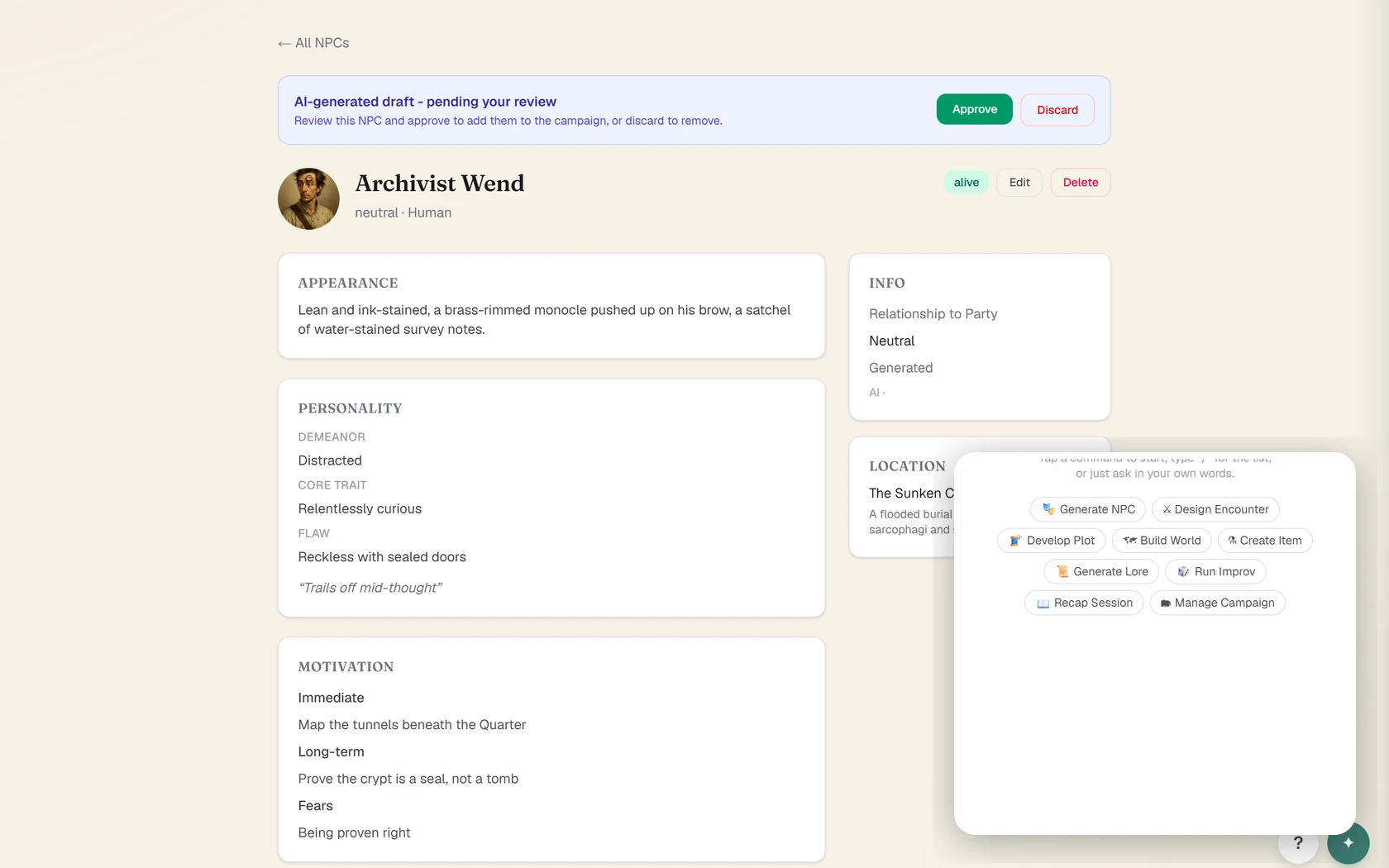 An AI-generated NPC draft with a portrait and an Approve/Discard review banner, alongside the DM Assistant chat panel listing commands like Generate NPC, Design Encounter and Recap Session.